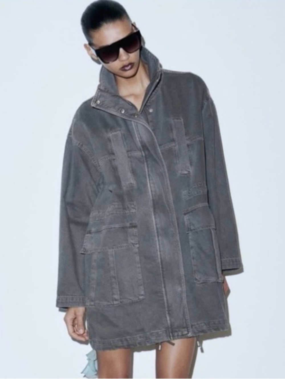 Zara Olive Green Funnel Neck Utility Jacket